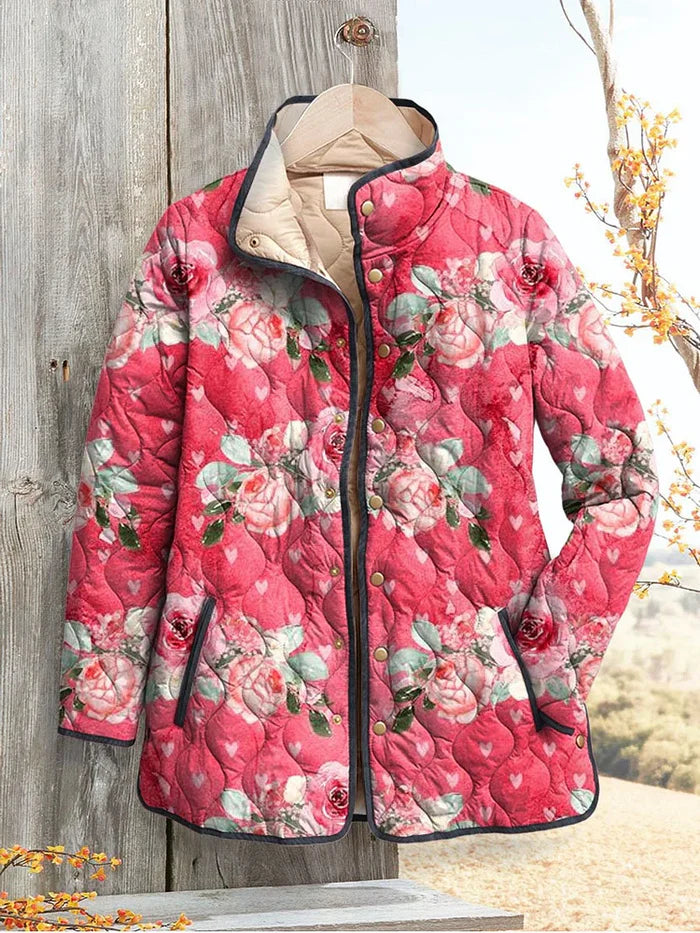 Betoverende Roze Bloemenprint Gequilt Jacket voor Vrouwen